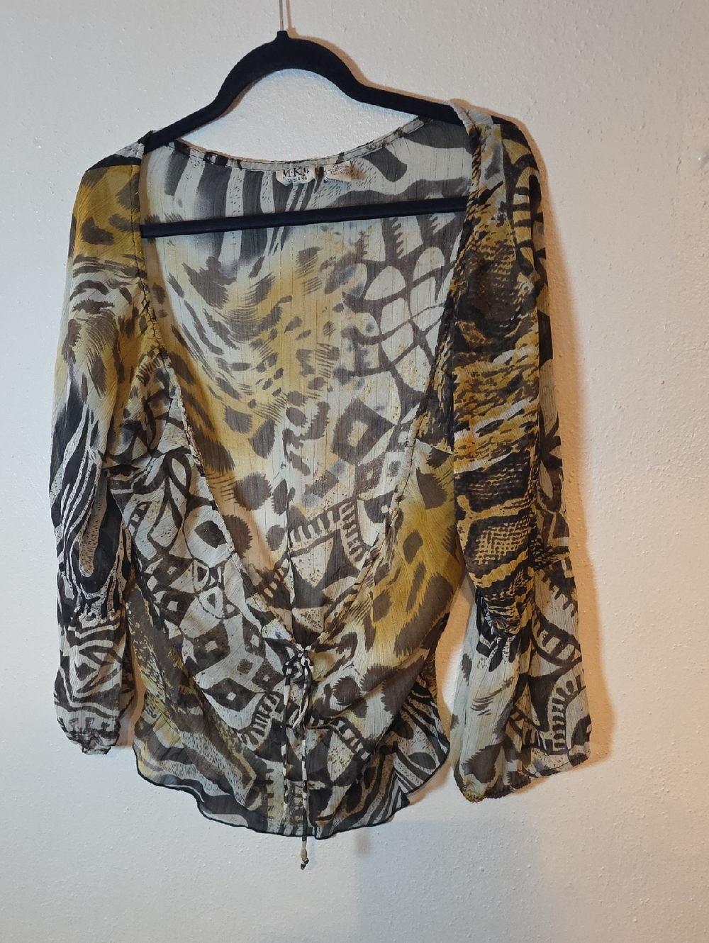 MKM Designs Sheer Abstract Print Sheer Coverup in Yellow and Black L